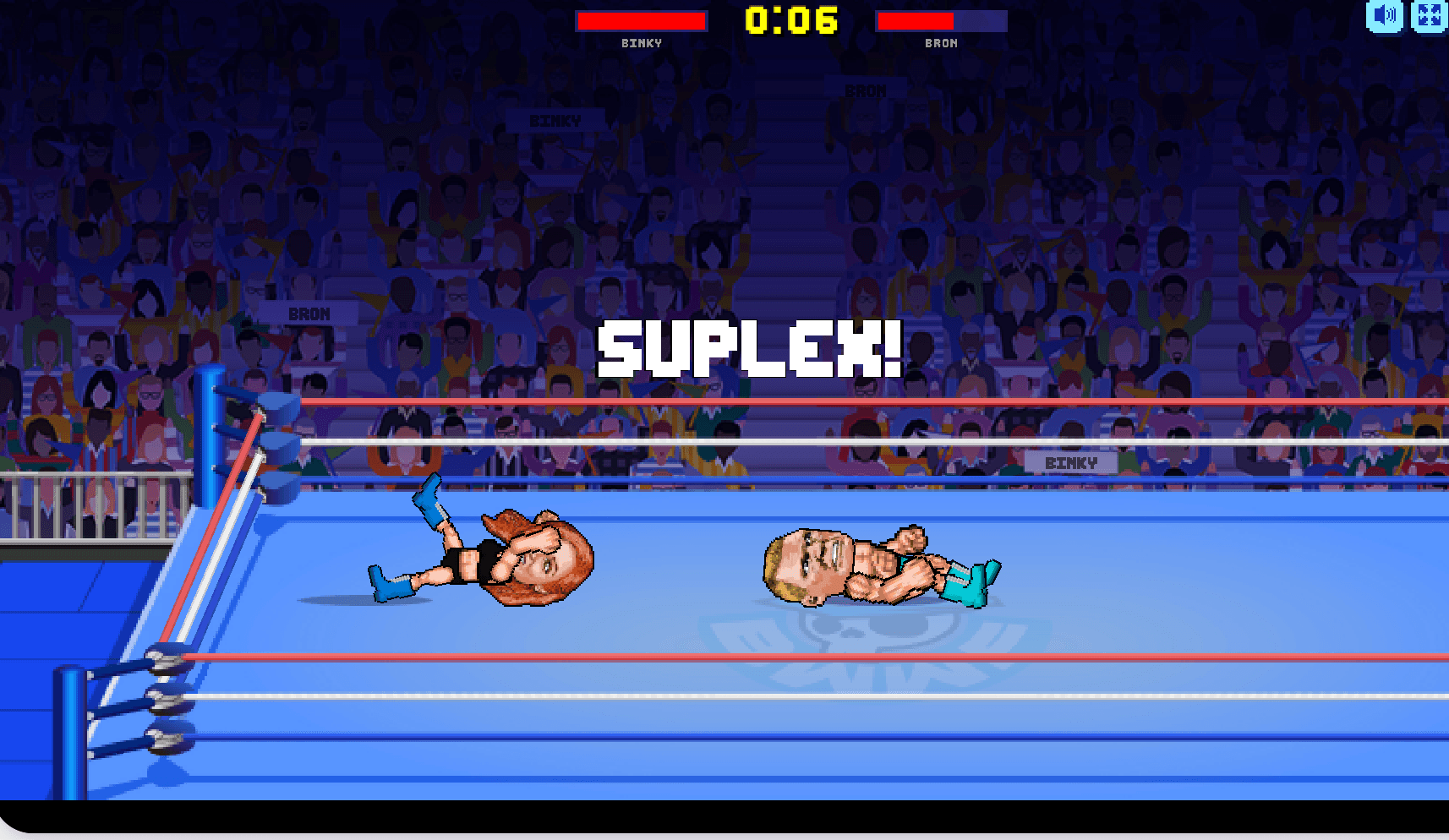 A successful suplex during a Wrestle Bros match